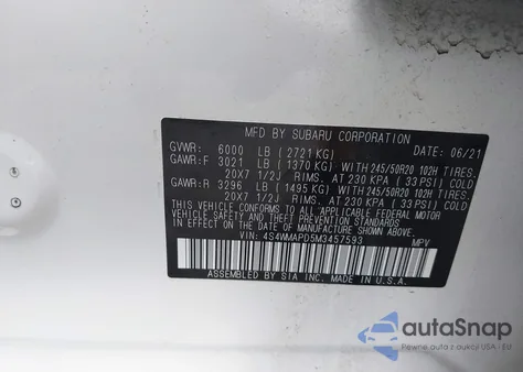 2021 Subaru Ascent Limited from USA, damaged, VIN 4S4WMAPD5M3457593